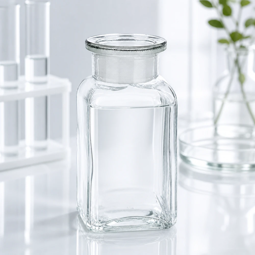 Flacon carré col large 100 ml + bouchon RIN, verre clair Bouteille carrée transparente à col large de 100 ml en verre borosilicaté, avec bouchon en verre taillé