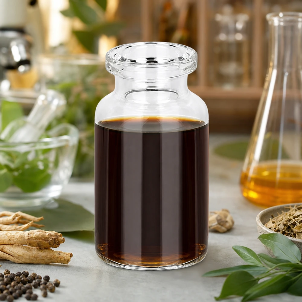Zylindrische Injektionsflasche 10ml Klarglas mit dunklem Kräuterkonzentrat und getrockneten Wurzeln