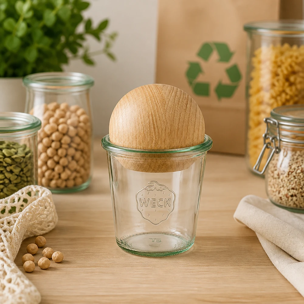 290ml bocal conique haut WECK RR80 avec boule en bois en hêtre WECK Verre renversé 290ml RR80 avec boule en hêtre dans la cuisine durable zéro déchet entre les bocaux de réserve et le symbole de recyclage