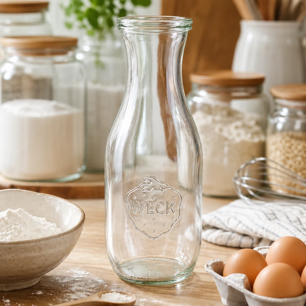 Bouteille à jus de 1 062 ml avec couvercle en verre WECK RR60 WECK Bouteille de jus de fruit 1062ml vide dans la cuisine avec des ingrédients de boulangerie farine œufs et bocaux à provisions sur plan de travail en bois
