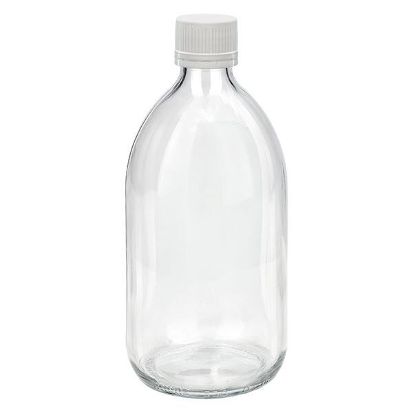 Flacon médical 500 ml couleur claire avec bouchon blanc strié Flacon médical 500 ml couleur claire avec bouchon blanc strié