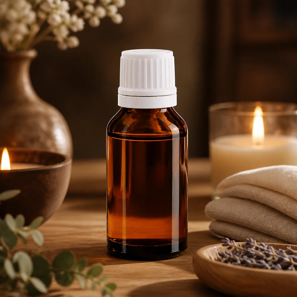 Flacon compte-gouttes de 15 ml couleur ambre avec bouchon blanc, dans une ambiance de bien-être apaisante avec des bougies