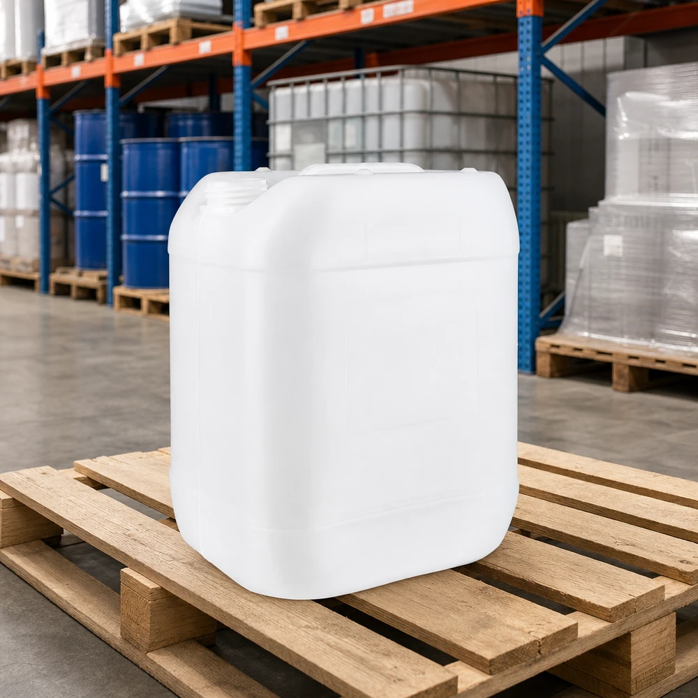Jerrican de 20 litres sans bouchon Bidon empilable de 20 litres sans bouchon, posé sur une palette en bois dans l'entrepôt