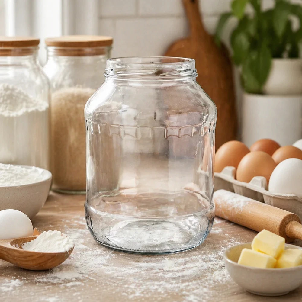 2650ml Verre rond sans couvercle (TO100) UNiTWIST UNiTWIST Runda2650 Verre renversé 2650ml vide sur table de cuisine avec ingrédients de cuisson œufs beurre farine scène de cuisine TO100 pas de vis