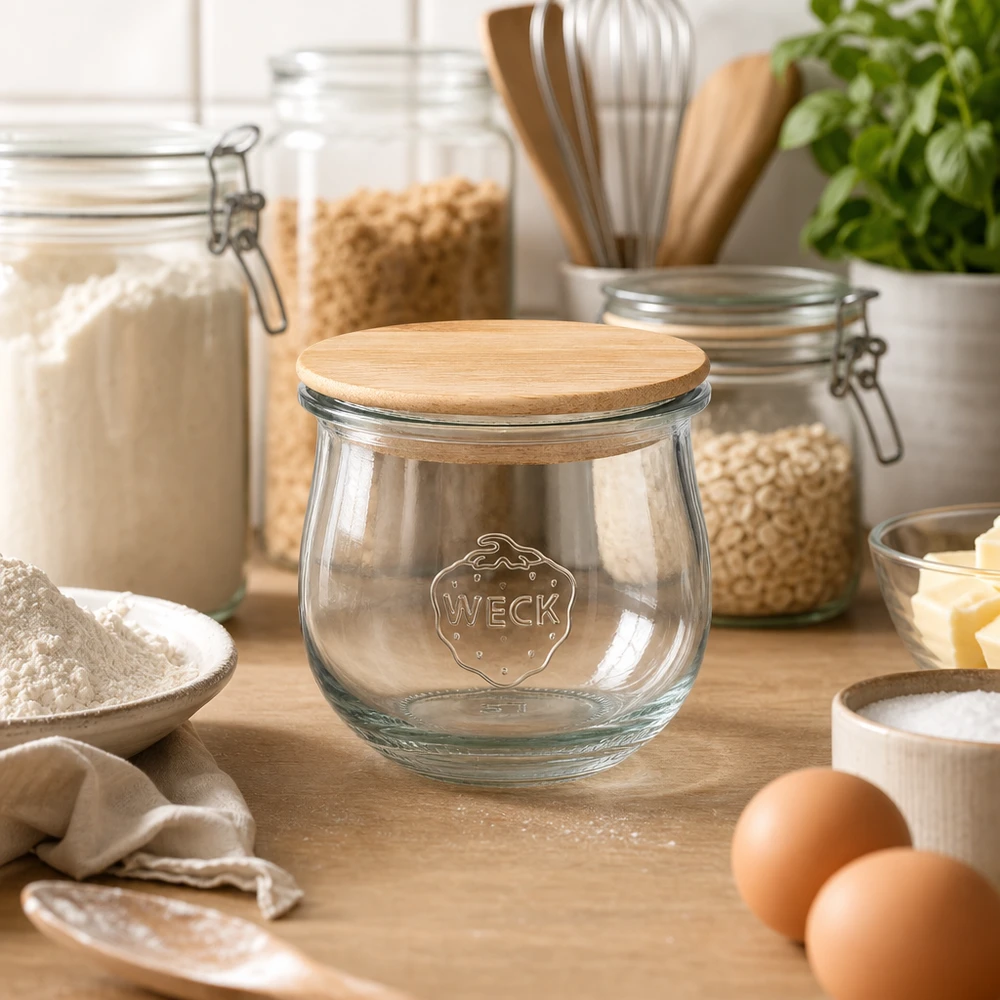 WECK Pot tulipe 370ml RR80 avec couvercle en bois arrangé dans une cuisine moderne entre les bocaux à provisions et les ingrédients de cuisson