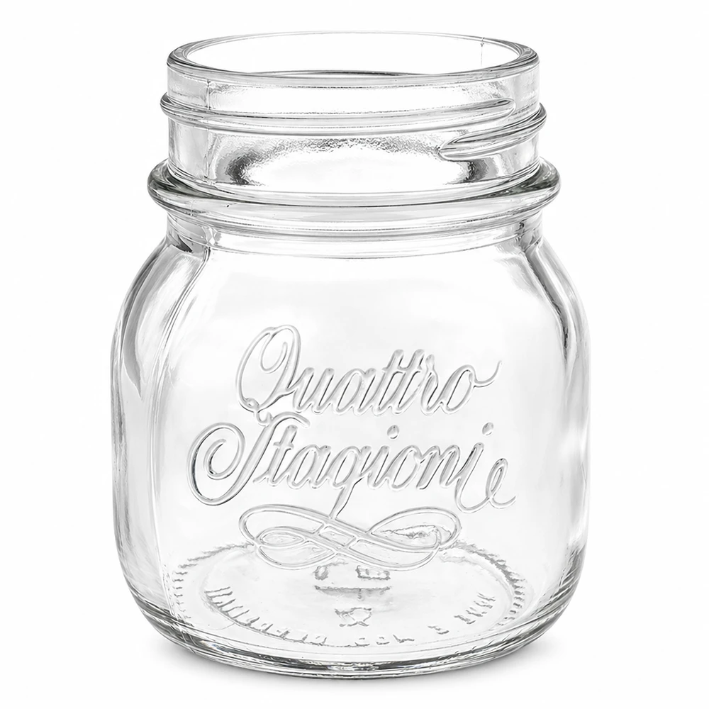 150ml verre rond "Quattro Stagioni" QS56mm Pot de conserve Quattro Stagioni de 150 ml en verre transparent avec inscription en relief et filet à visser
