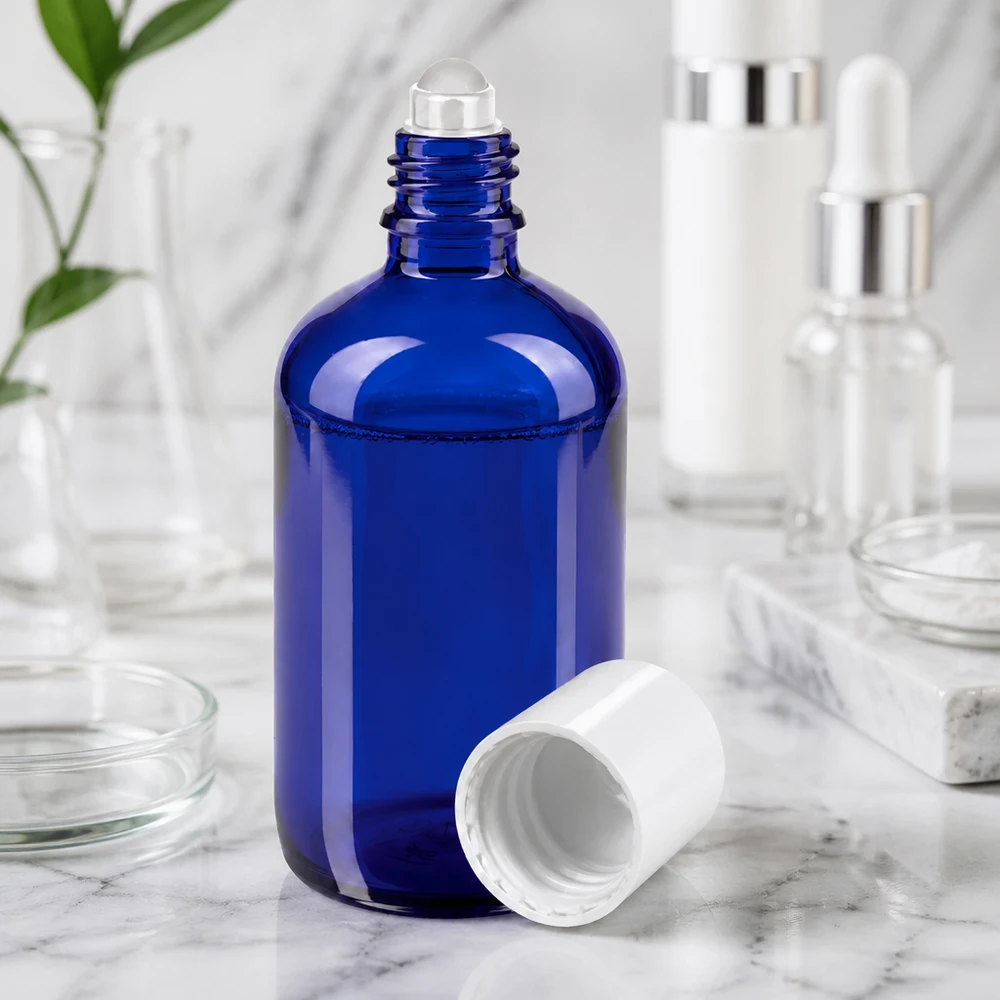Flacon de pharmacie bleu 100ml Roll-On bouchon blanc Flacon en verre bleu de 100 ml avec bille roulante et bouchon blanc, posé sur un support en marbre