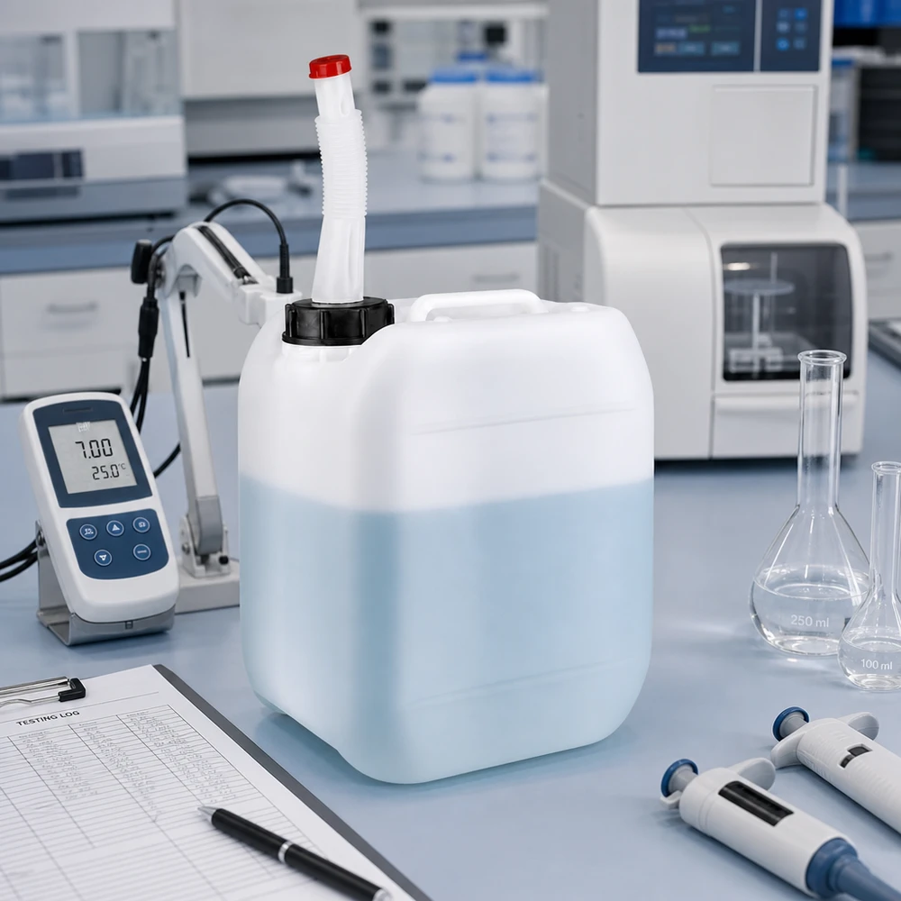 Bidon blanc de 5 litres muni d'un bec verseur rouge, à côté d'un pH-mètre et d'une fiole jaugée dans un laboratoire