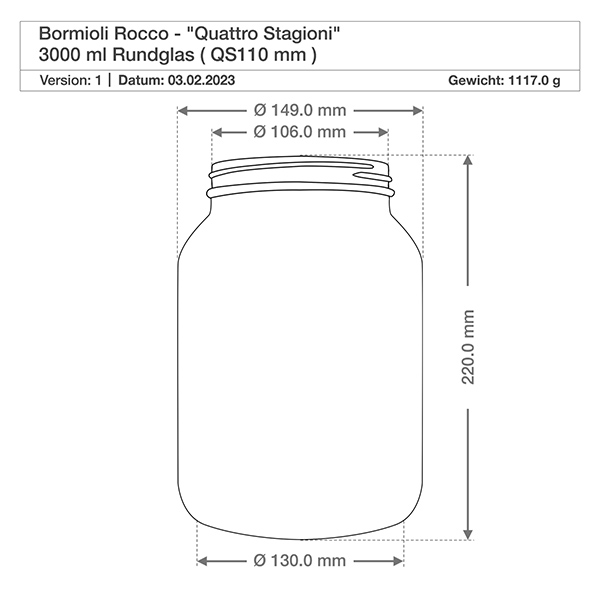 3000ml verre rond « Quattro Stagioni » avec couvercle Dessin technique 3000ml Quattro Stagioni verre rond avec dimensions Hauteur 220mm Diamètre 149mm Poids 1117g
