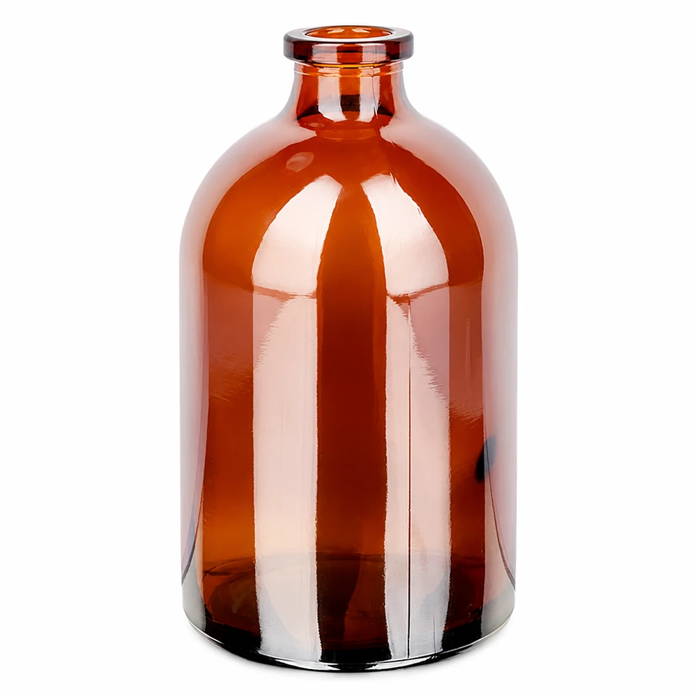 Flacon pour solution injectable, 100 ml en verre ambré Medizinische Injektionsflasche 100ml in Braunglas mit glatter Oberfläche und stabilem Flachboden