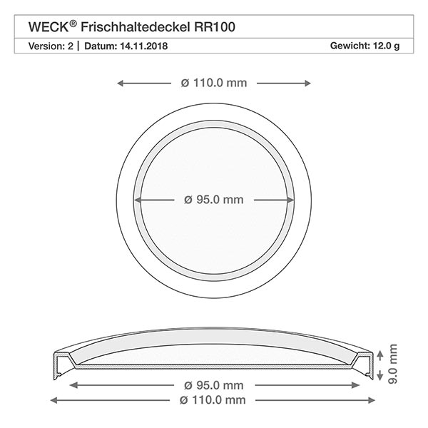 Dessin technique WECK Couvercle de conservation RR100 avec dimensions 110mm et 95mm de diamètre pour pot à kouglof