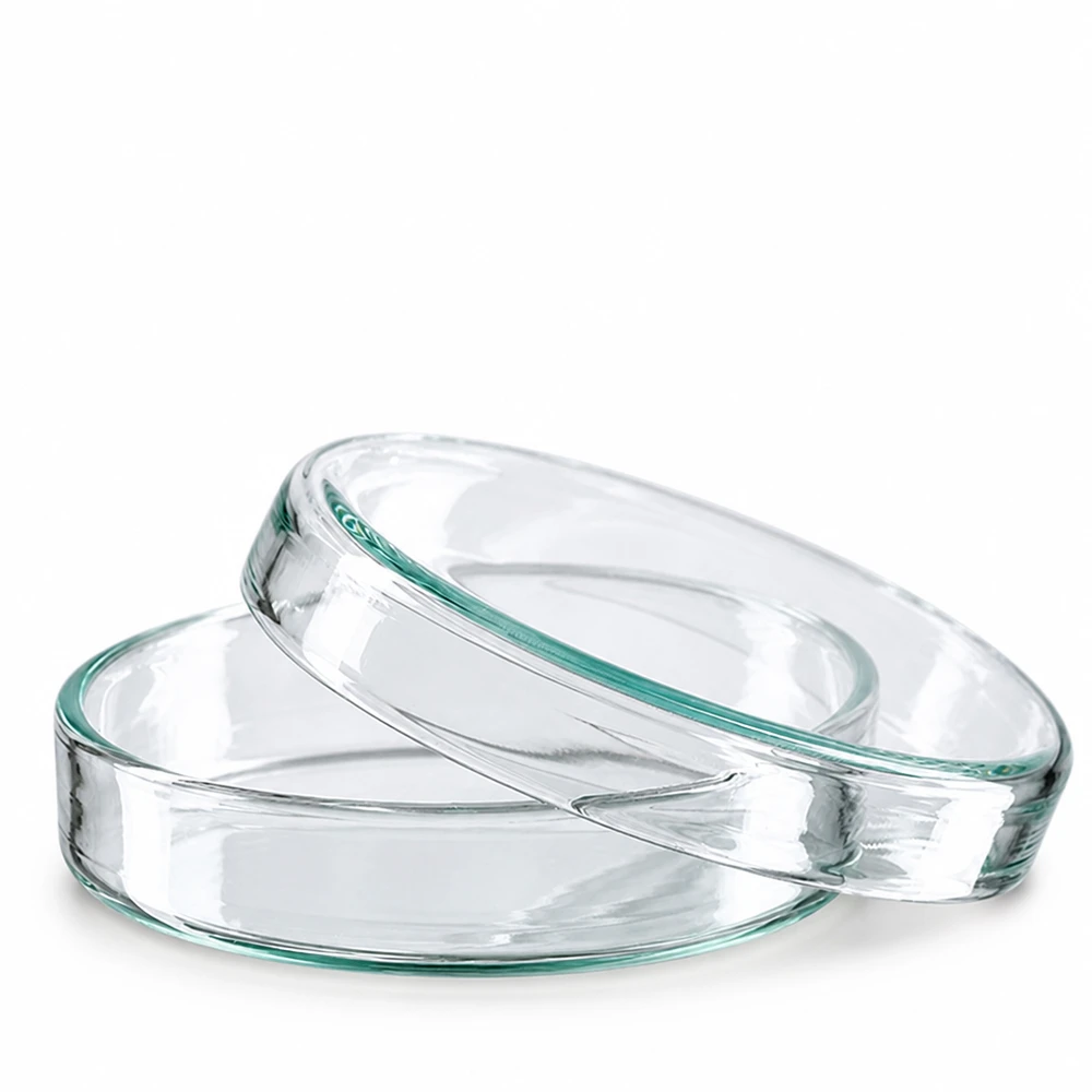Deux boîtes de Pétri en verre empilées, 60 x 15 mm, transparentes sur fond blanc