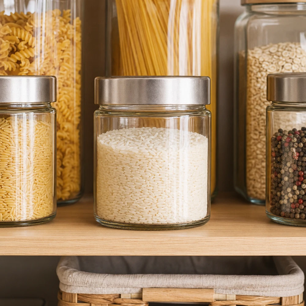 135ml Verre rond avec couvercle BasicSeal argent UNiTWIST 135ml verre rond argent couvercle Pantry organisation avec riz pâtes poivre stockage systématique de cuisine