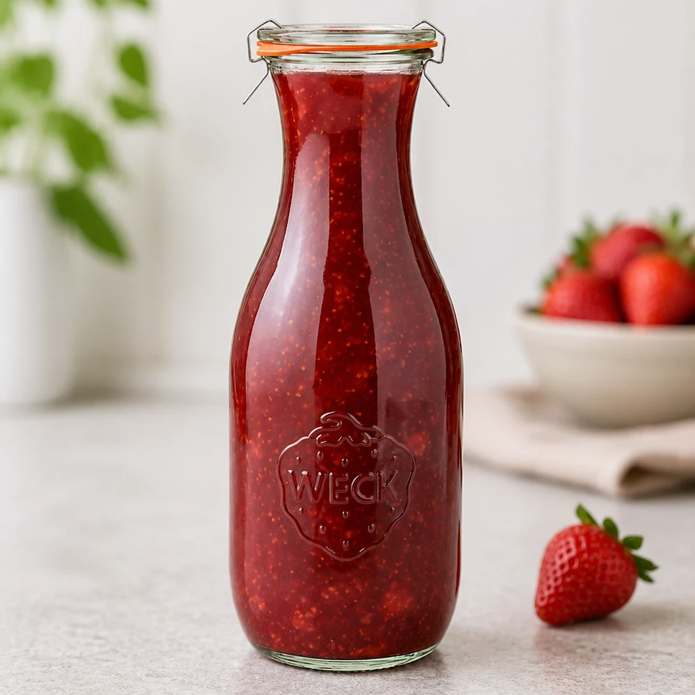 Bouteille à jus de 1062 ml, ensemble complet WECK RR60 WECK Bouteille de jus de fruit 1062ml RR60 remplie de confiture de fraise montre le logo en relief et le détail du bouchon à étrier