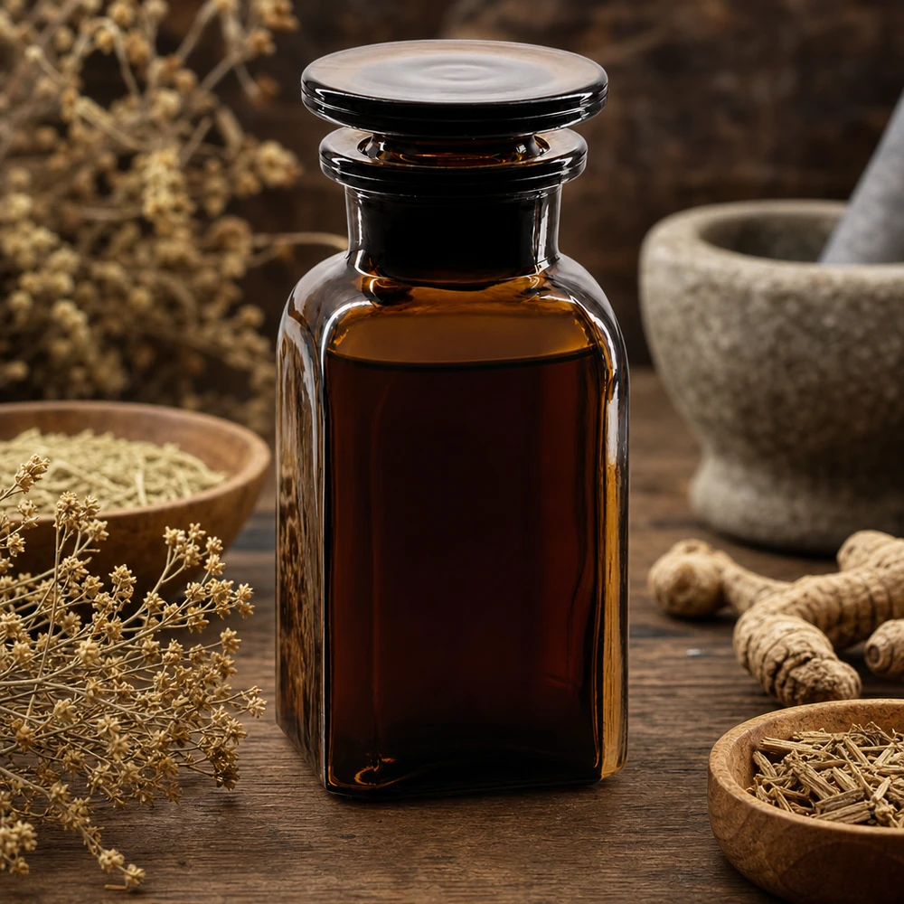 Flacon carré de 100 ml en verre ambré avec herbes et pilon – conservation de produits de phytothérapie
