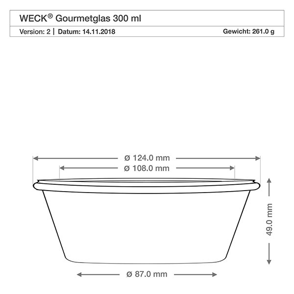 Dessin technique WECK RR120 Verre à gourmet 300ml avec dimensions Diamètre 124mm 108mm 87mm Hauteur 49mm
