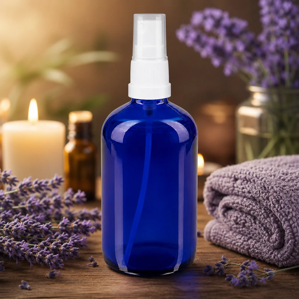 Flacon de pharmacie bleu 100ml embout spray blanc Flacon vaporisateur rond de 100 ml en verre d'apothicaire bleu avec pompe blanche STD, destiné à l'aromathérapie et à l'huile de lavande