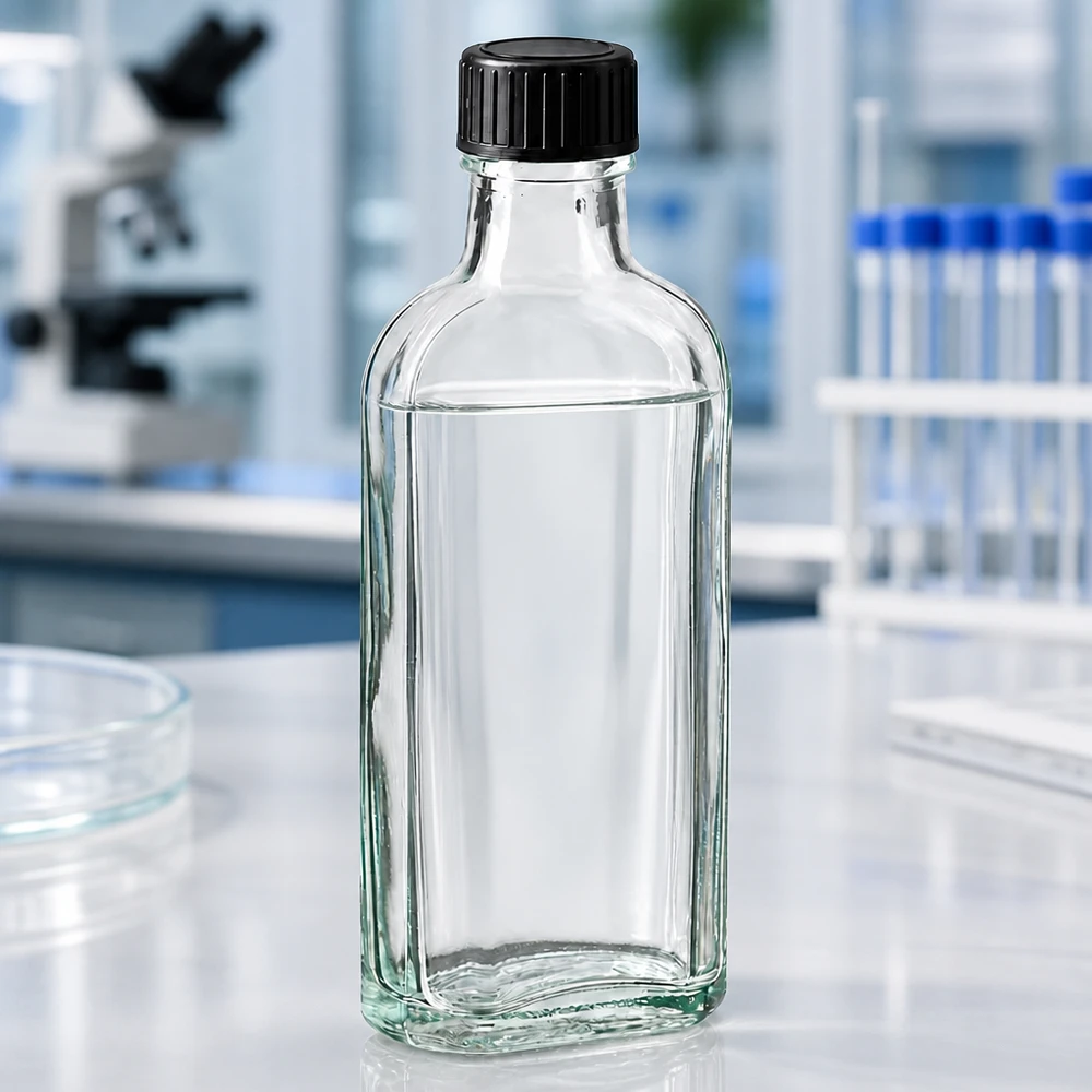 Bouteille en verre rectangulaire transparente de 100 ml avec bouchon à vis noir, devant un microscope dans un laboratoire