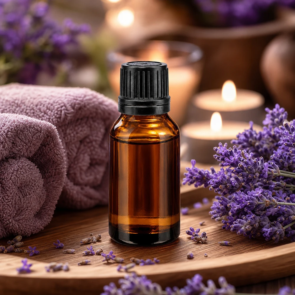 Flacon de pharmacie brun de 15 ml avec bouchon compte-gouttes pour huile de lavande, posé sur un plateau en bois avec des bougies