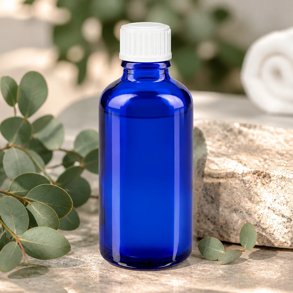 Flacon de pharmacie bleu 50ml bouchon vissable blanc standard Flacon de pharmacie bleu cobalt de 50 ml en verre borosilicaté, muni d'un bouchon de sécurité blanc pour enfants