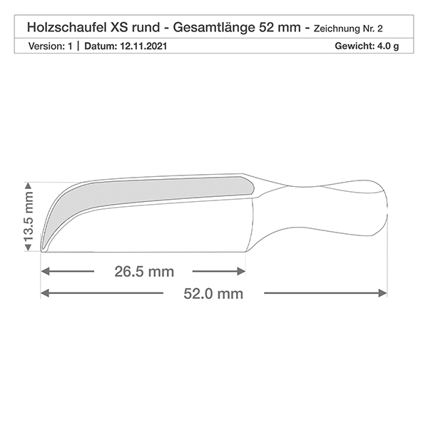 Detailzeichnung der kompakten Holzschaufel XS mit 3,5mm Tiefe - ideal für Gewürzdosierung in der Küche