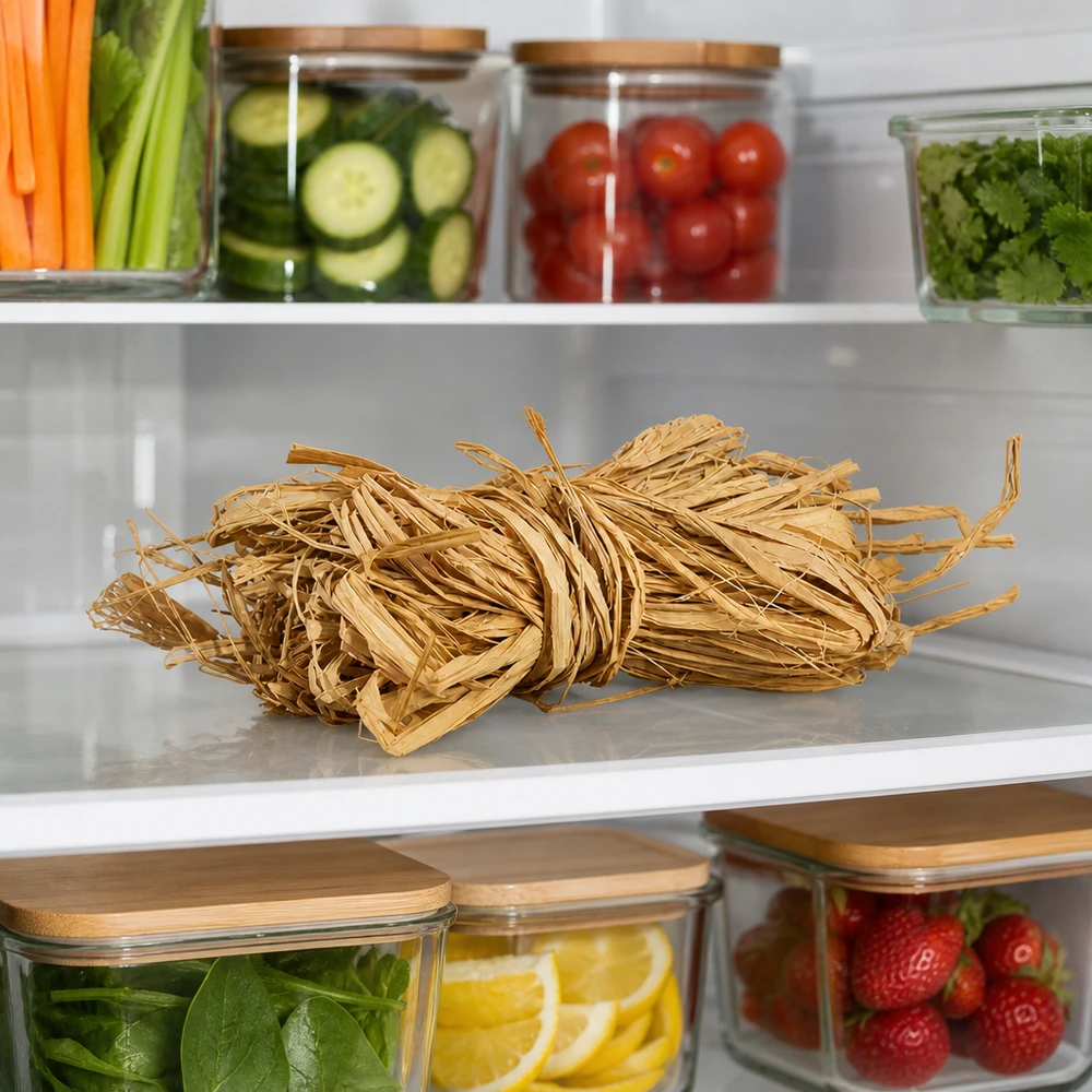 Ficelle naturelle pour la décoration, 30 g Raphia naturel 30g beige doré stocké dans le réfrigérateur à côté des légumes montre un stockage pratique pour le matériel de bricolage