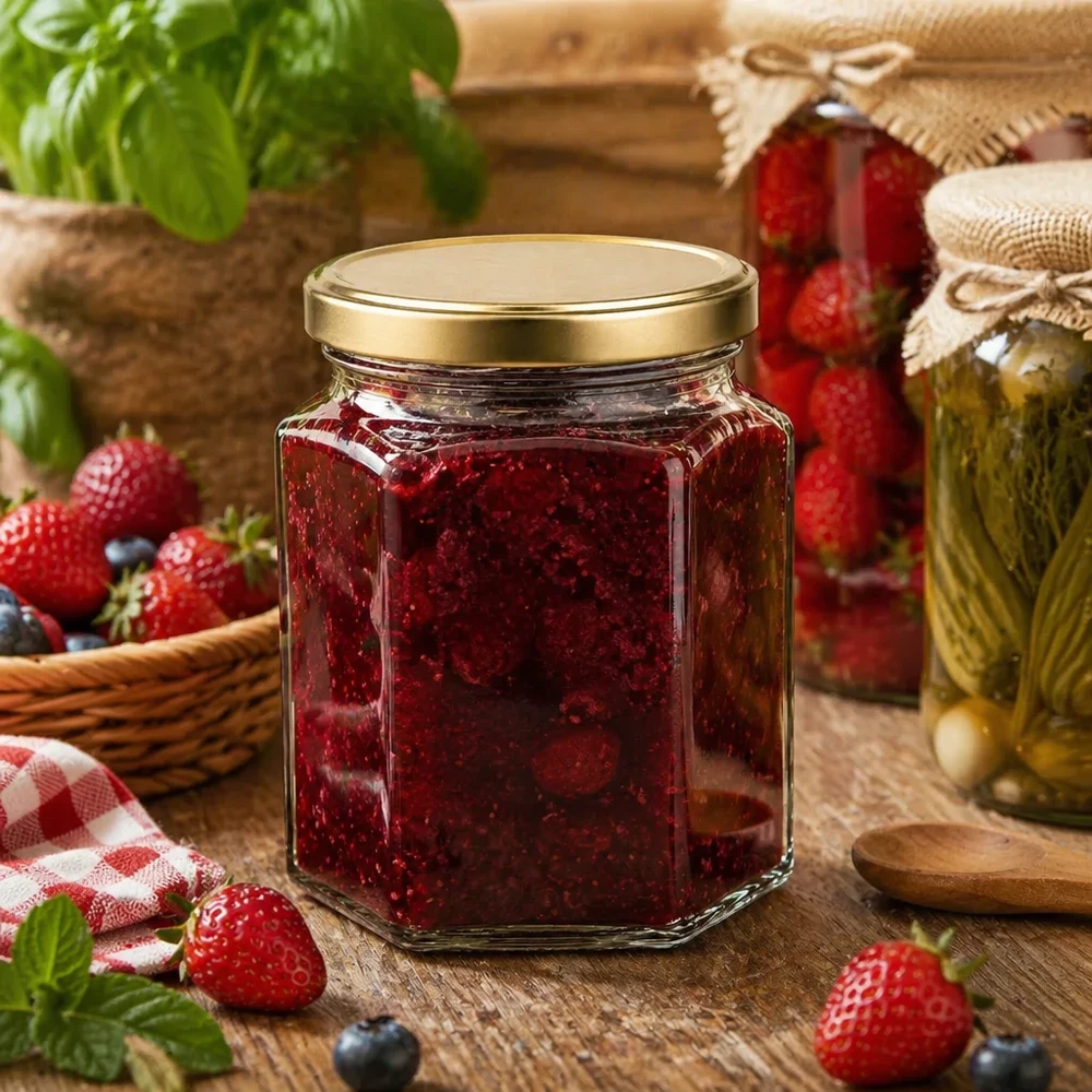 288ml Verre hexagonal avec couvercle BasicSeal or UNiTWIST 288ml Hexaglas BasicSeal or rempli de confiture de fraises dans une cuisine rustique avec des baies fraîches
