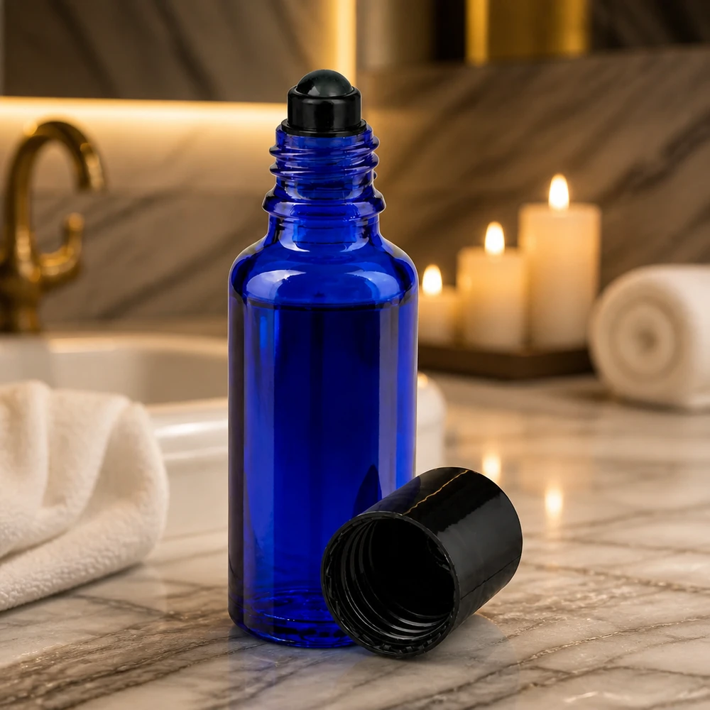 Flacon de déodorant en verre bleu 30 ml, déo à bille vide Flacon roll-on de 30 ml en verre d'apothicaire bleu cobalt, muni d'un embout à bille noir