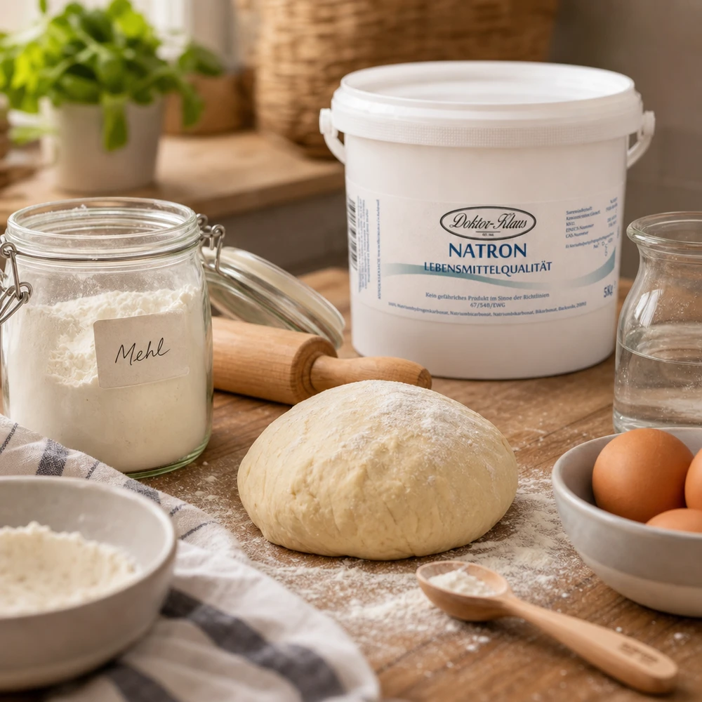 Bicarbonate de soude Docteur Klaus 5kg pour les applications de cuisson avec de la pâte, de la farine et des œufs sur une surface en bois rustique