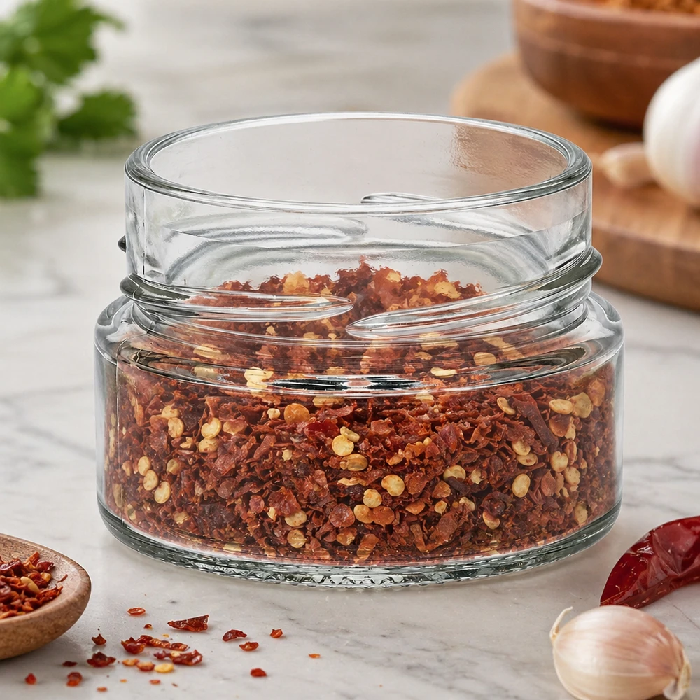 UNiTWIST Runda80 Verre rond 80ml TO58deep rempli de flocons d'épices rouges sur plan de travail de cuisine en marbre