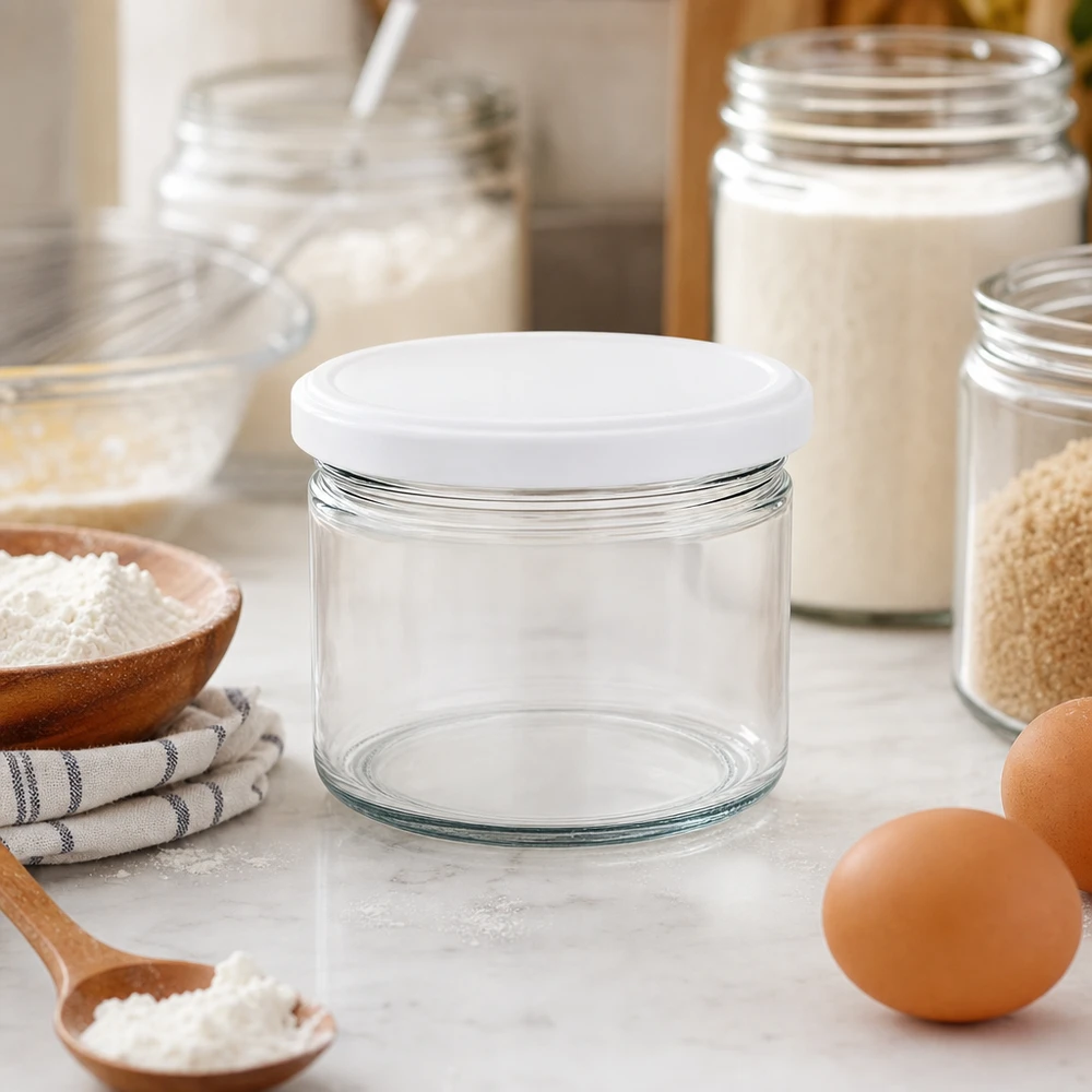 540ml Verre rond avec couvercle BasicSeal blanc UNiTWIST 540ml Rundglas BasicSeal weiß in stylischer Küche mit Backzutaten - elegantes Vorratsglas für Mehl und Backen