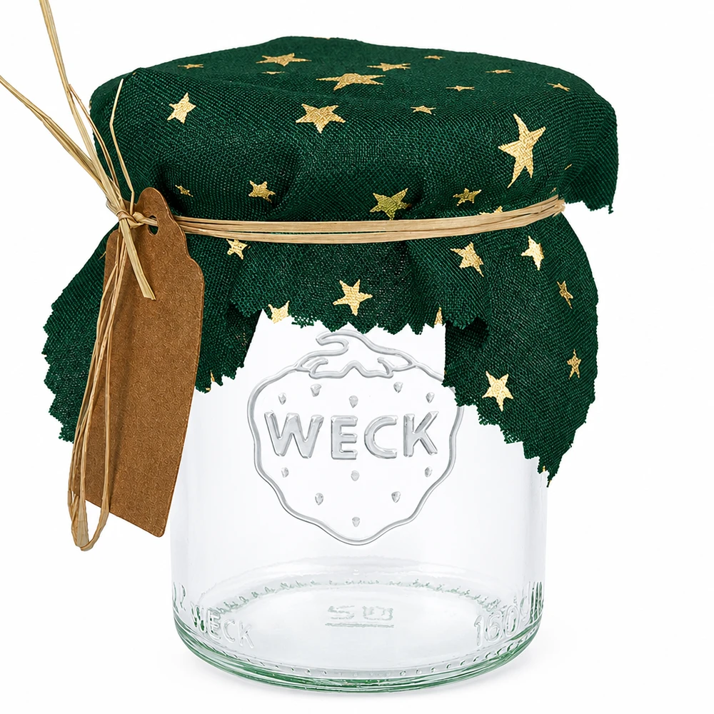 Couvercle en tissu vert avec étoiles dorées sur bocal, carré 12cm, couvercle décoratif pour bocaux à conserves