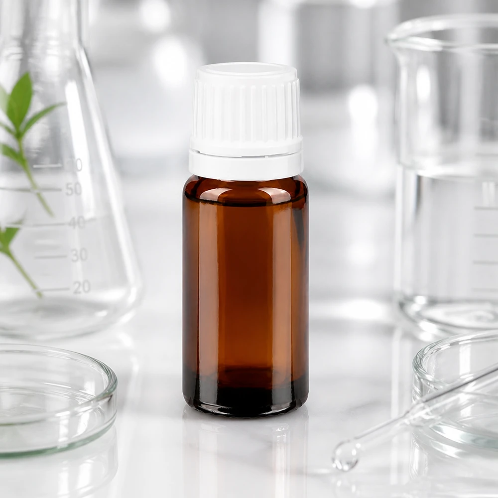 Flacon en verre ambré de 10 ml avec bouchon à vis blanc et un fin bec verseur de 0,7 mm