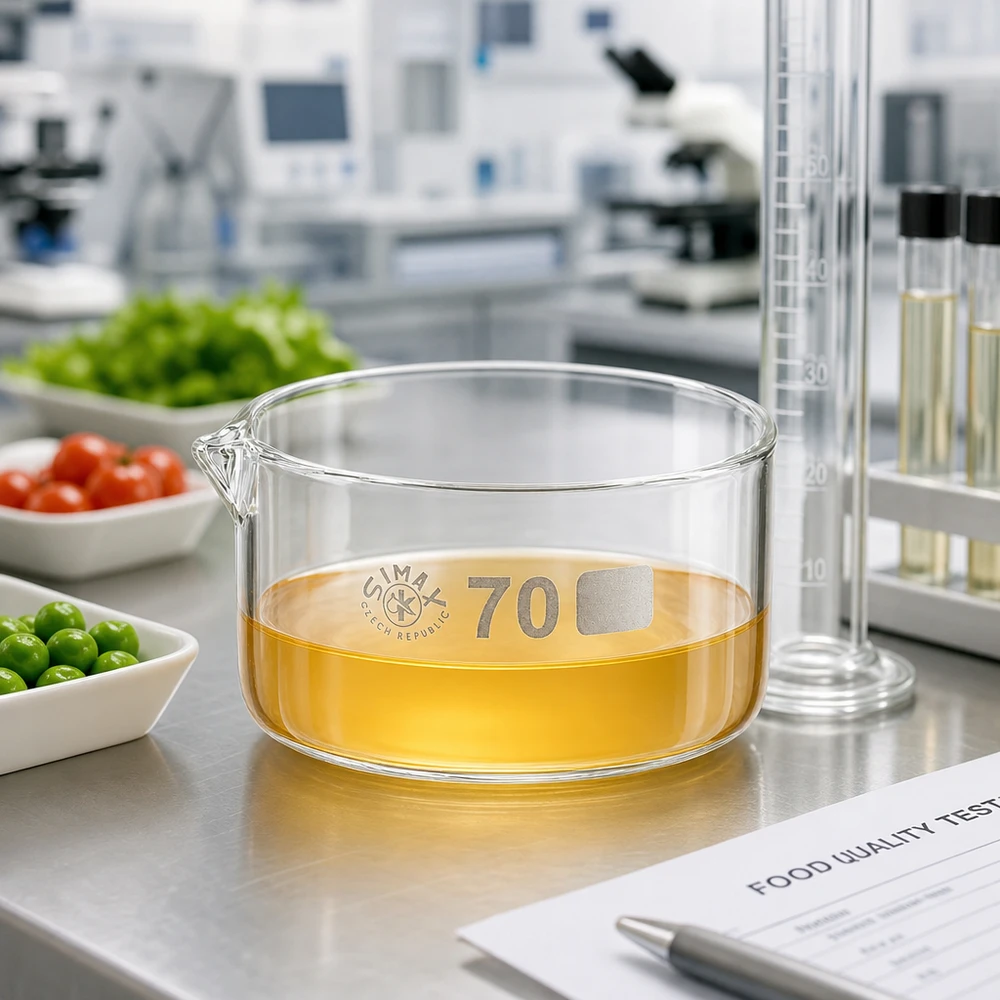 Coupelle de cristallisation Simax de 70 mm contenant un produit jaune, posée sur un plan de travail de laboratoire en acier inoxydable à côté de denrées alimentaires