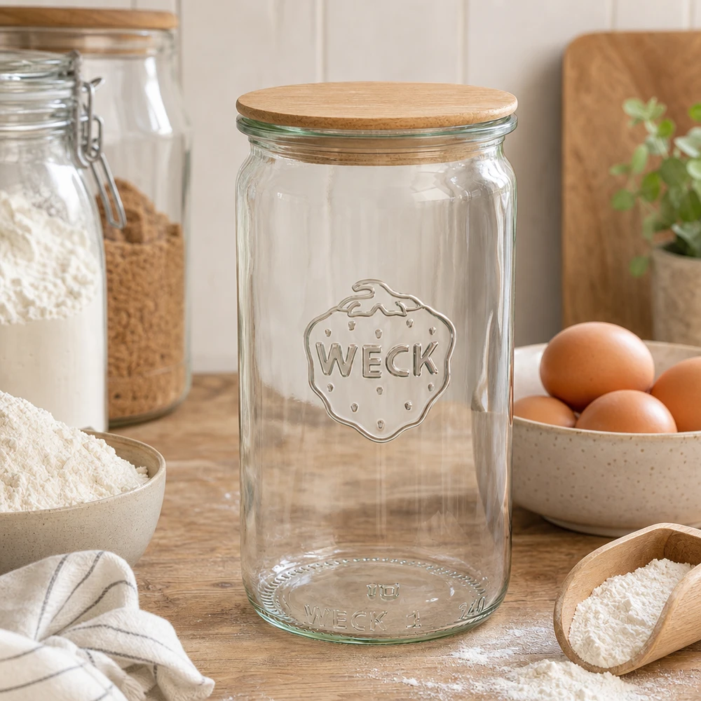 340ml bocal cylindrique WECK RR60 avec couvercle en bois WECK Bocal cylindrique 340ml RR60 Couvercle en bois dans la cuisine avec farine Œufs et bocaux à provisions comme accessoires de pâtisserie conservation