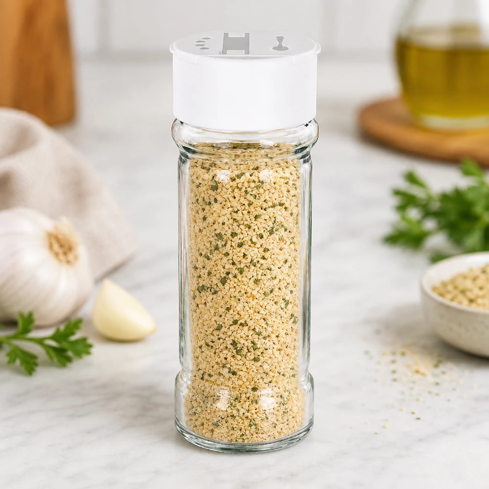 Pot en verre transparent de 100 ml avec couvercle en plastique blanc, rempli de sel à l'ail et d'herbes aromatiques