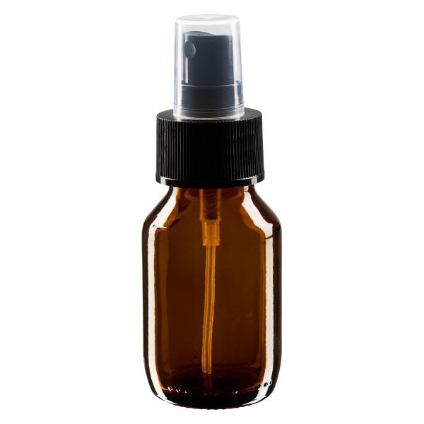 Flacon médical norme européenne de 50 ml avec spray noir GCMI 28/410 et couvercle transparent, standard Flacon médical norme européenne de 50 ml avec spray noir GCMI 28/410 et couvercle transparent, standard