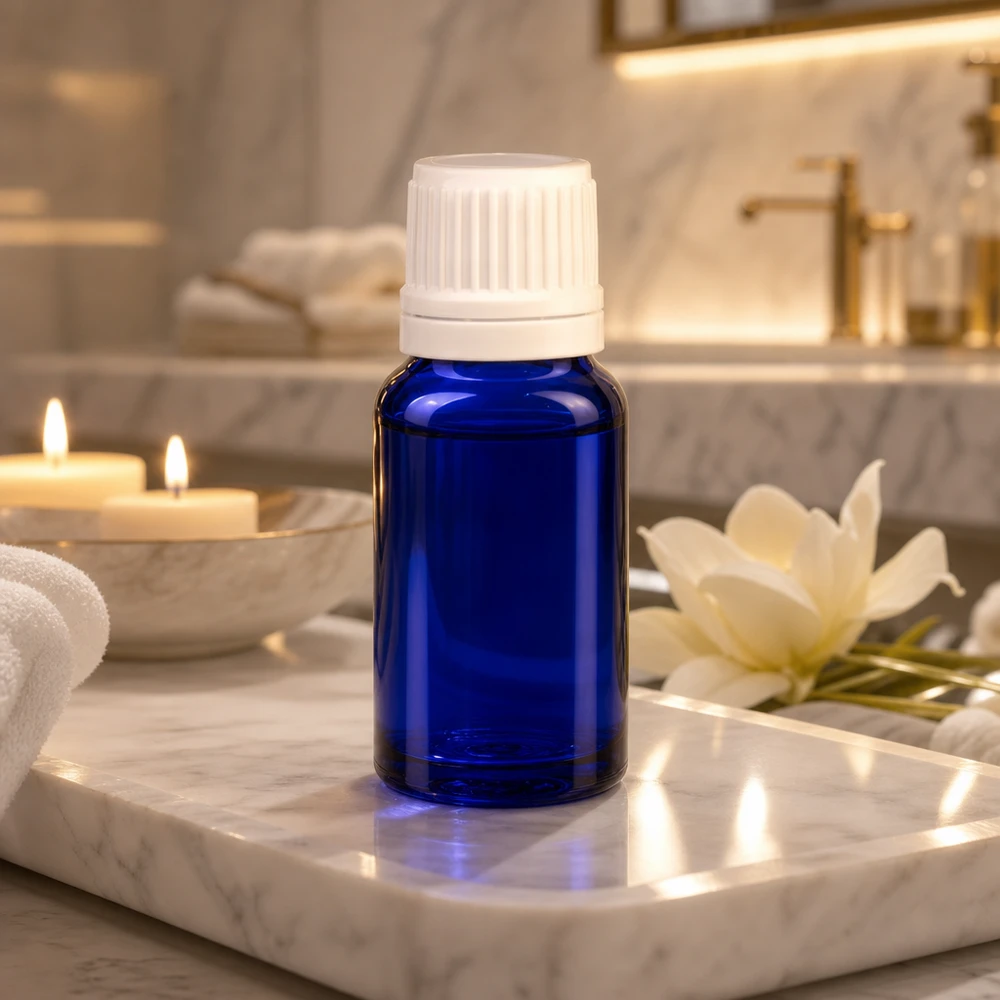 Flacon de pharmacie de 10 ml, bleu cobalt, avec bouchon de sécurité enfant blanc sur fond marbré
