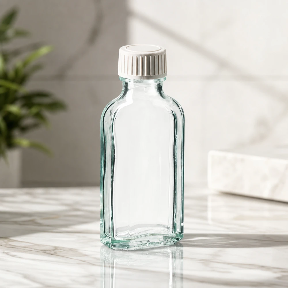 Flacon Meplat transparent vide de 50 ml avec insert en mousse de PE, posé sur une surface en marbre