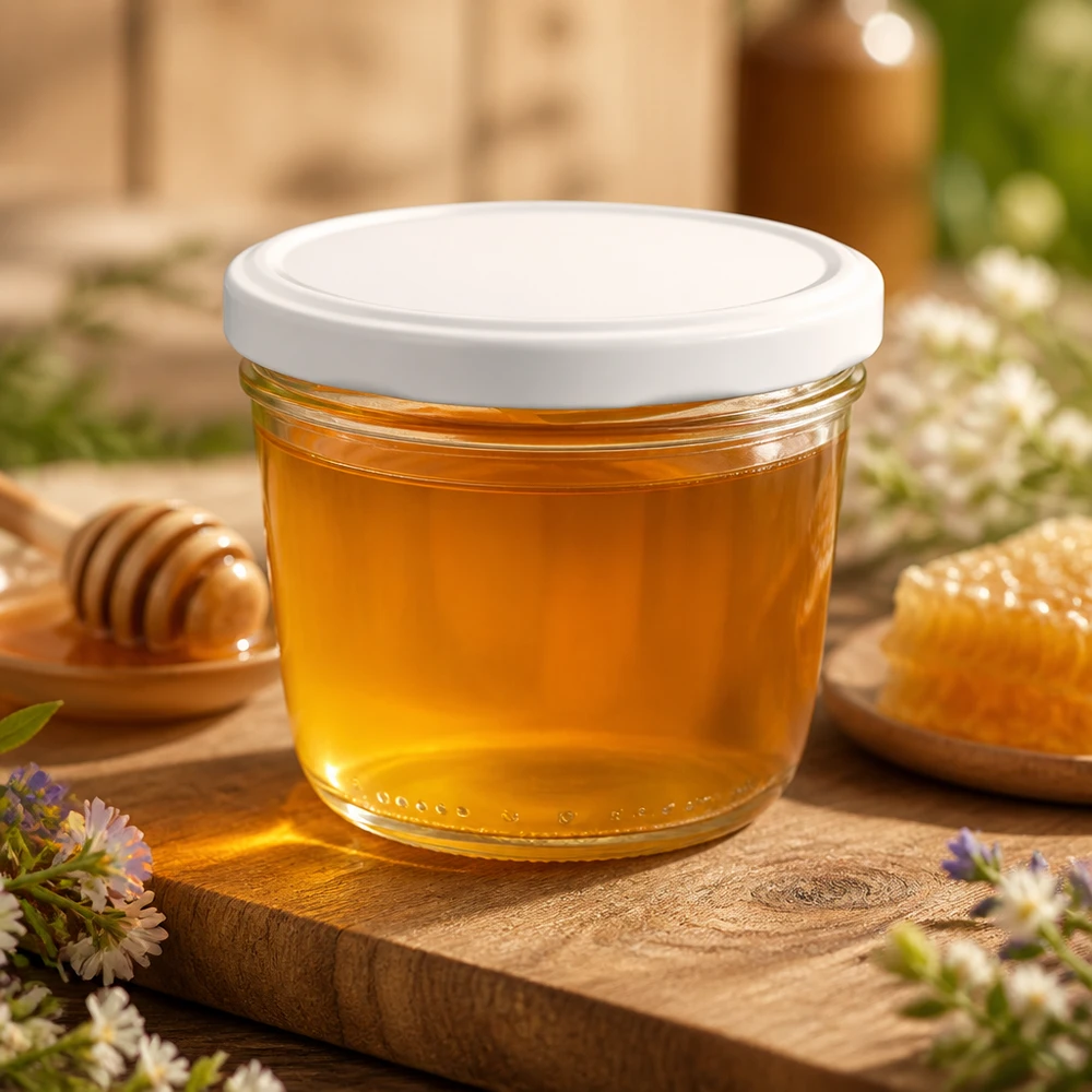 Pot de 230ml rempli de miel sur une planche en bois - parfait pour l'apiculture et la conservation d'aliments naturels.