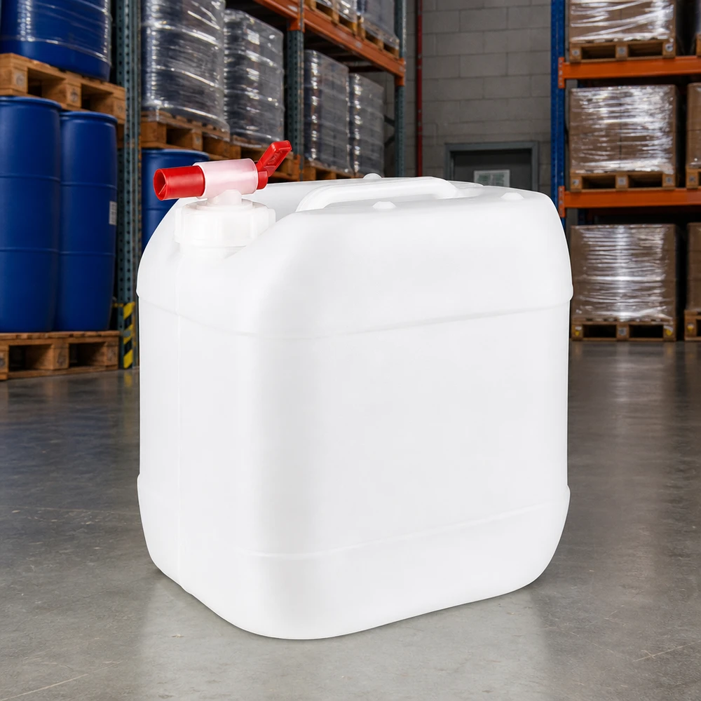 Bidon en plastique de 15 litres adapté au contact alimentaire, muni d'un robinet, dans un entrepôt blanc