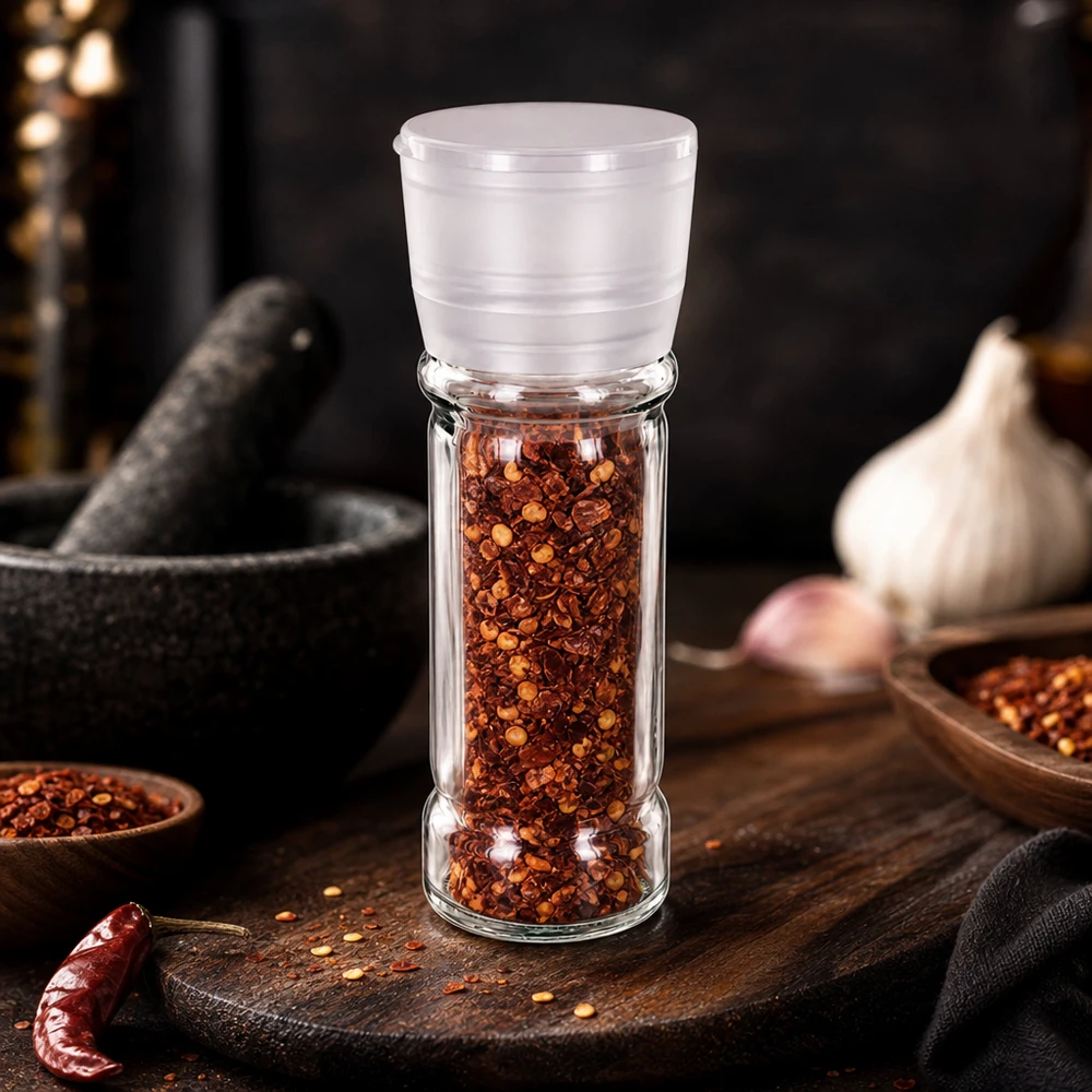 Pot à épices transparent en verre de 100 ml, muni d'un moulin blanc et rempli de flocons et de graines de piment rouge