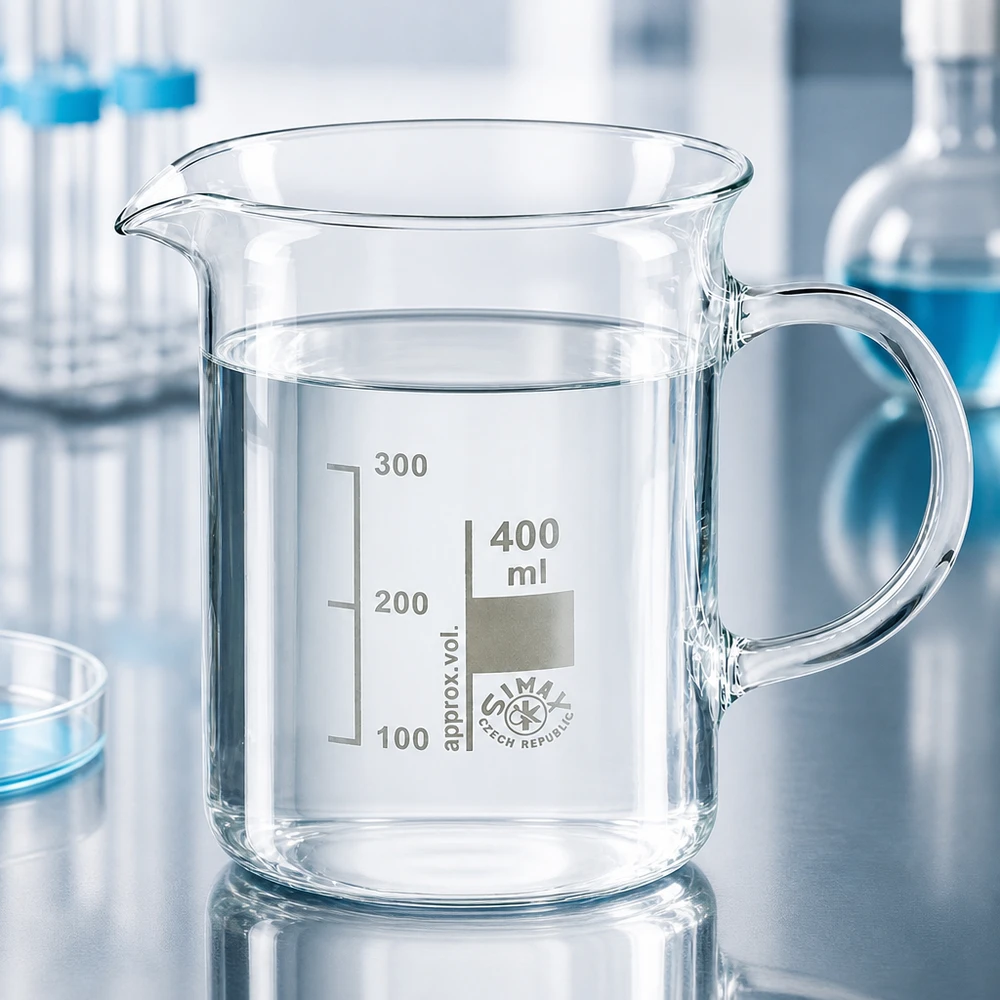 Bécher avec poignée 400ml en verre borosilicate résistant à la chaleur (forme normale) Bécher de laboratoire transparent de 400 ml, muni d'une anse et d'un bec verseur, en verre borosilicaté résistant à la chaleur
