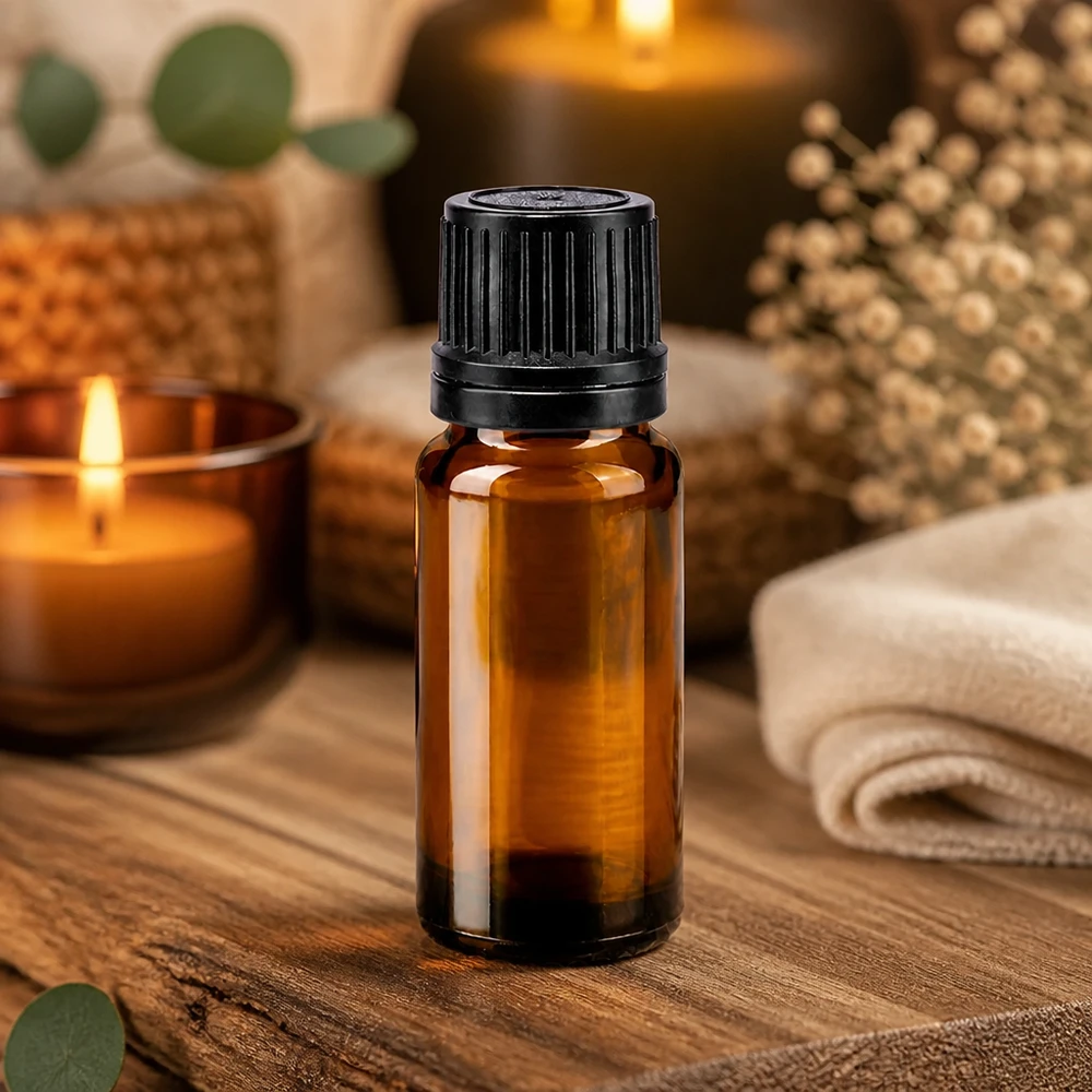 Flacon en verre brun de 10 ml muni d'un bouchon OV noir, posé entre des bougies et des éléments de décoration naturels sur du bois