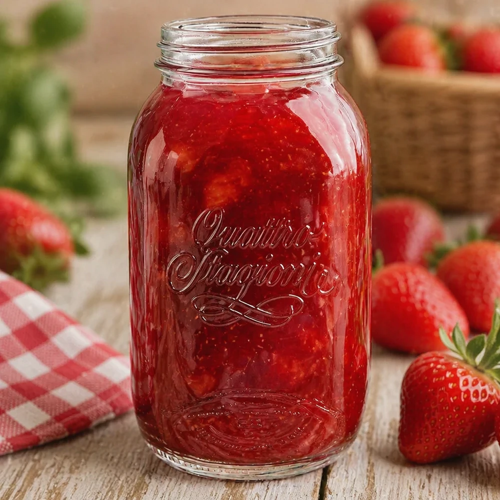 1500ml Verre rond 'Quattro Stagioni' QS86mm 1500ml Quattro Stagioni Pot ménager rempli de confiture de fraises entouré de fraises fraîches sur table en bois