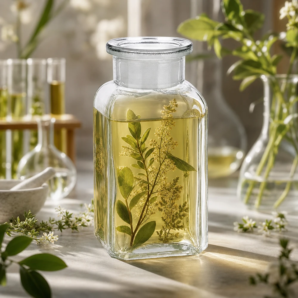 Flacon carré col large 100 ml + bouchon RIN, verre clair Flacon carré transparent de 100 ml contenant un extrait de plantes et des fleurs blanches, dans un décor de laboratoire