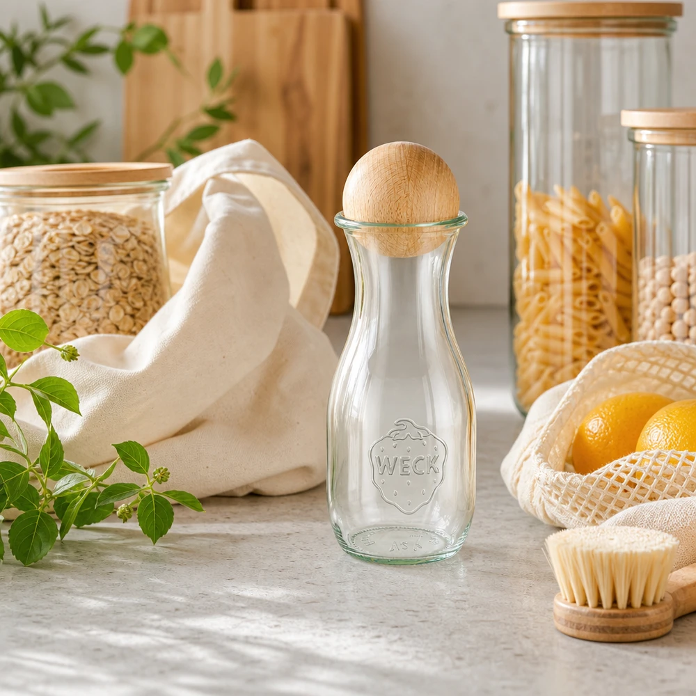WECK Bouteille de jus 530ml avec boule en bois dans la cuisine durable zéro déchet à côté des sacs en jute et des bocaux à provisions