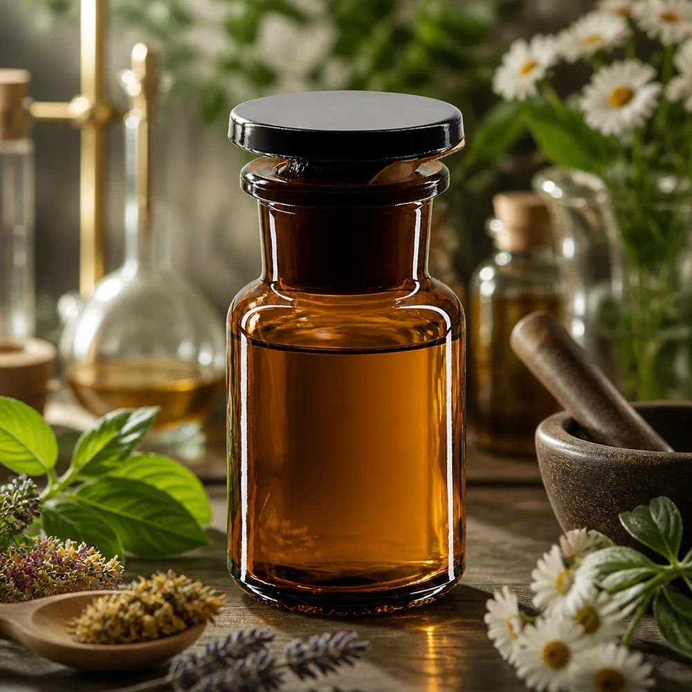 Flacon en verre brun de 50 ml à col large, muni d'un bouchon noir, posé parmi des plantes médicinales et du matériel de laboratoire