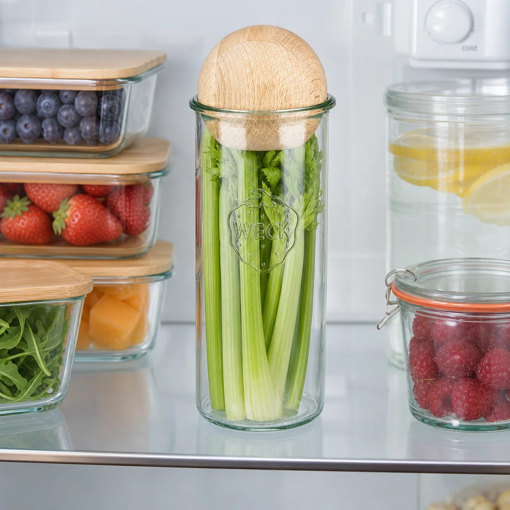 1500ml bocal conique WECK RR100 avec boule en bois en hêtre WECK Pot renversé 1500ml RR100 dans le réfrigérateur avec céleri, couvercle boule en bois hêtre, conservation de la fraîcheur des légumes