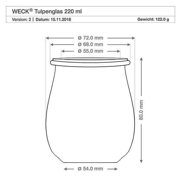 Dessin technique WECK Pot tulipe 220ml RR60 avec cotes et dimensions - Spécification produit pot de conservation